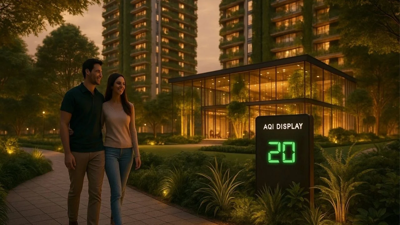AQI display in garden setting showing a reading of 20, with a couple walking nearby