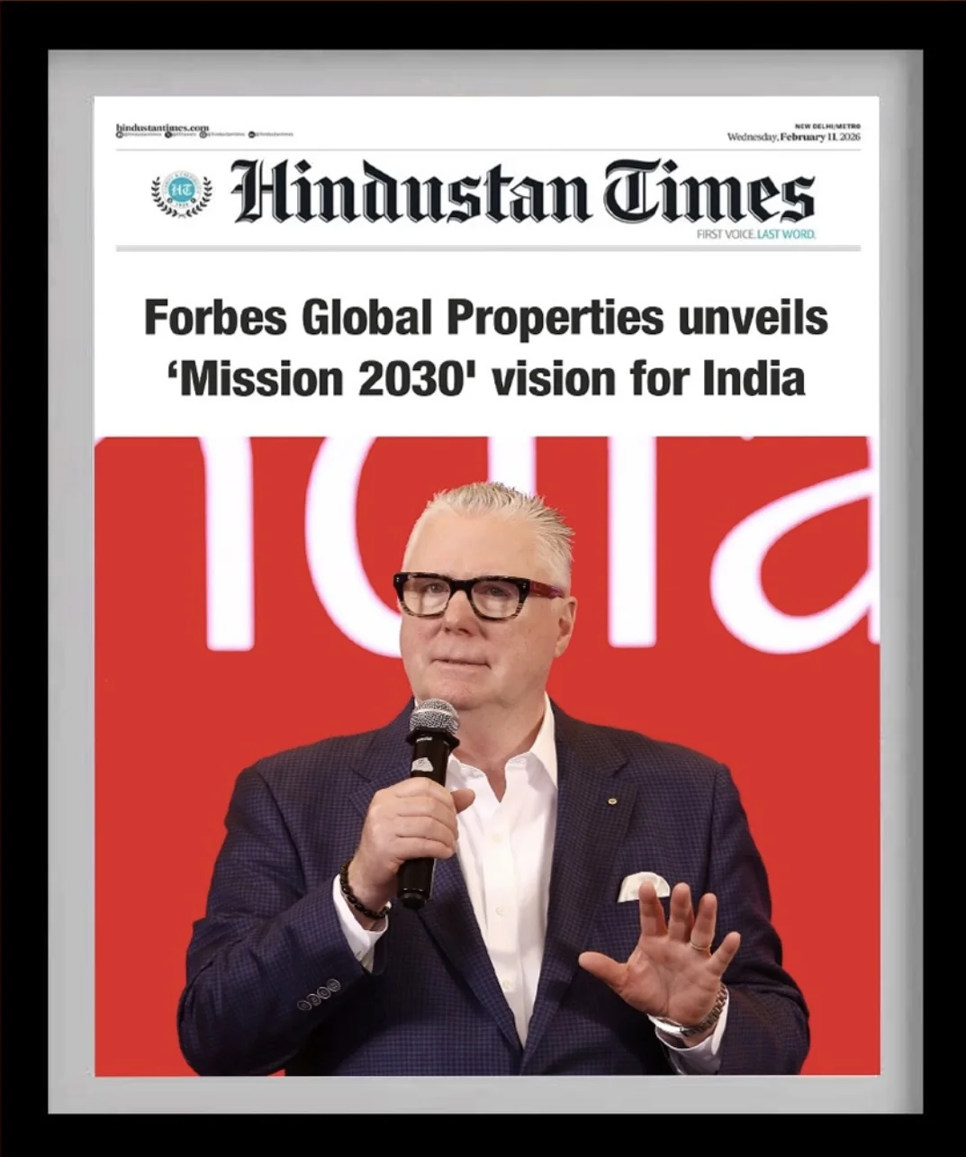 Hindustan Times newspaper photo covering Forbes Global Properties Mission 2030 vision