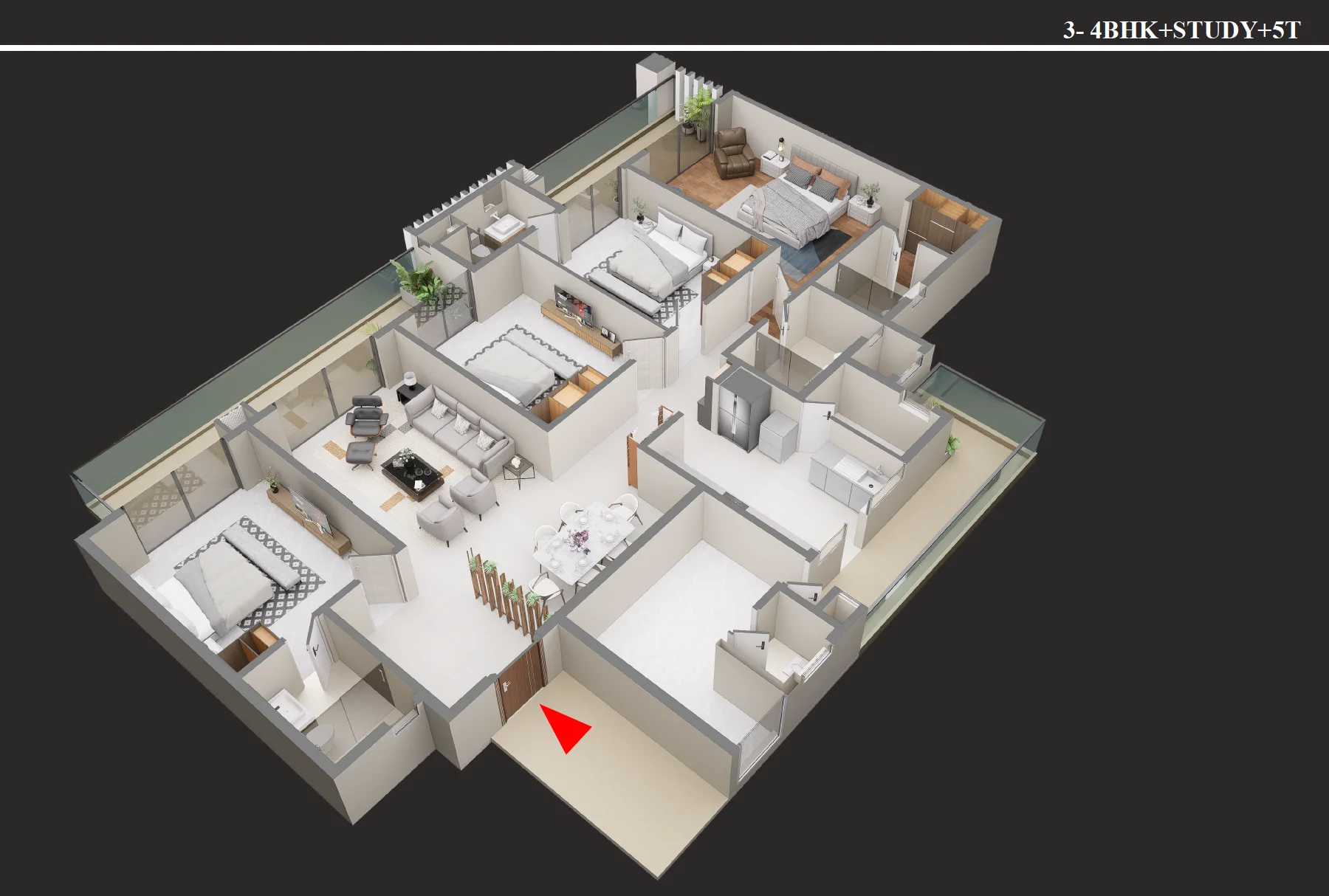 4 BHK + Study + 5T isometric floor plan, 3307 sq ft