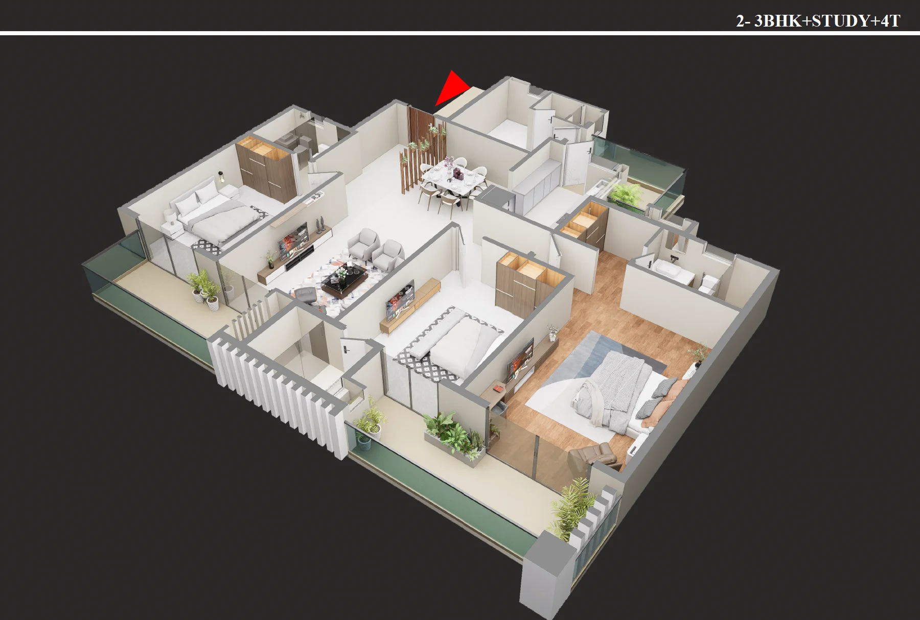 3 BHK + Study + 4T isometric floor plan, Type 2, 2690 sq ft
