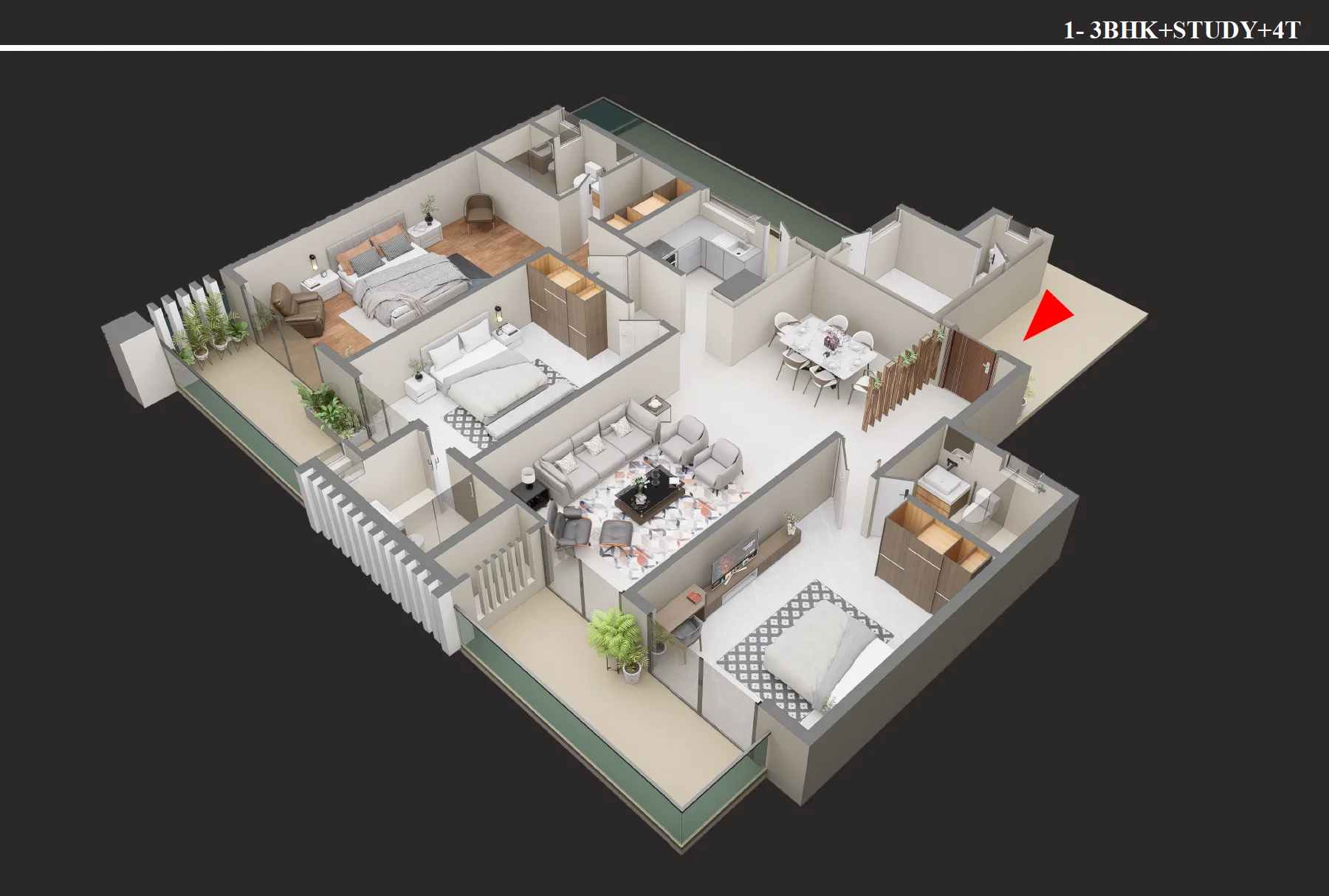 3 BHK + Study + 4T isometric floor plan, Type 1, 2690 sq ft