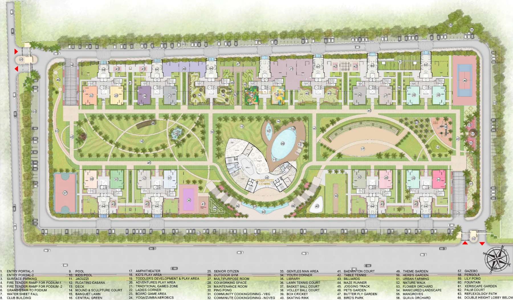 Forbes Fab Luxe Residences master plan with numbered amenity legend showing all 64+ amenities